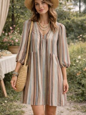 Knox Rose Striped Boho Tunic Dress Cottagecore Peasant Mini XS